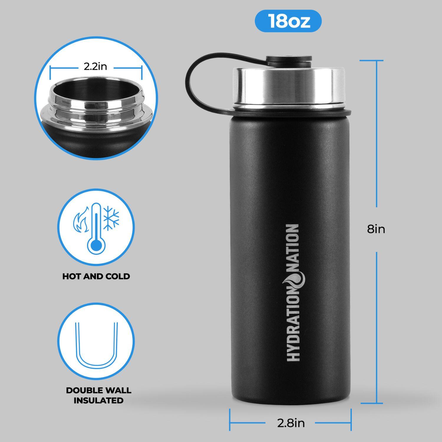 18oz 2.2in HOT AND COLD DOUBLE WALL INSULATED HYDRATION NATION 8in 2.8in