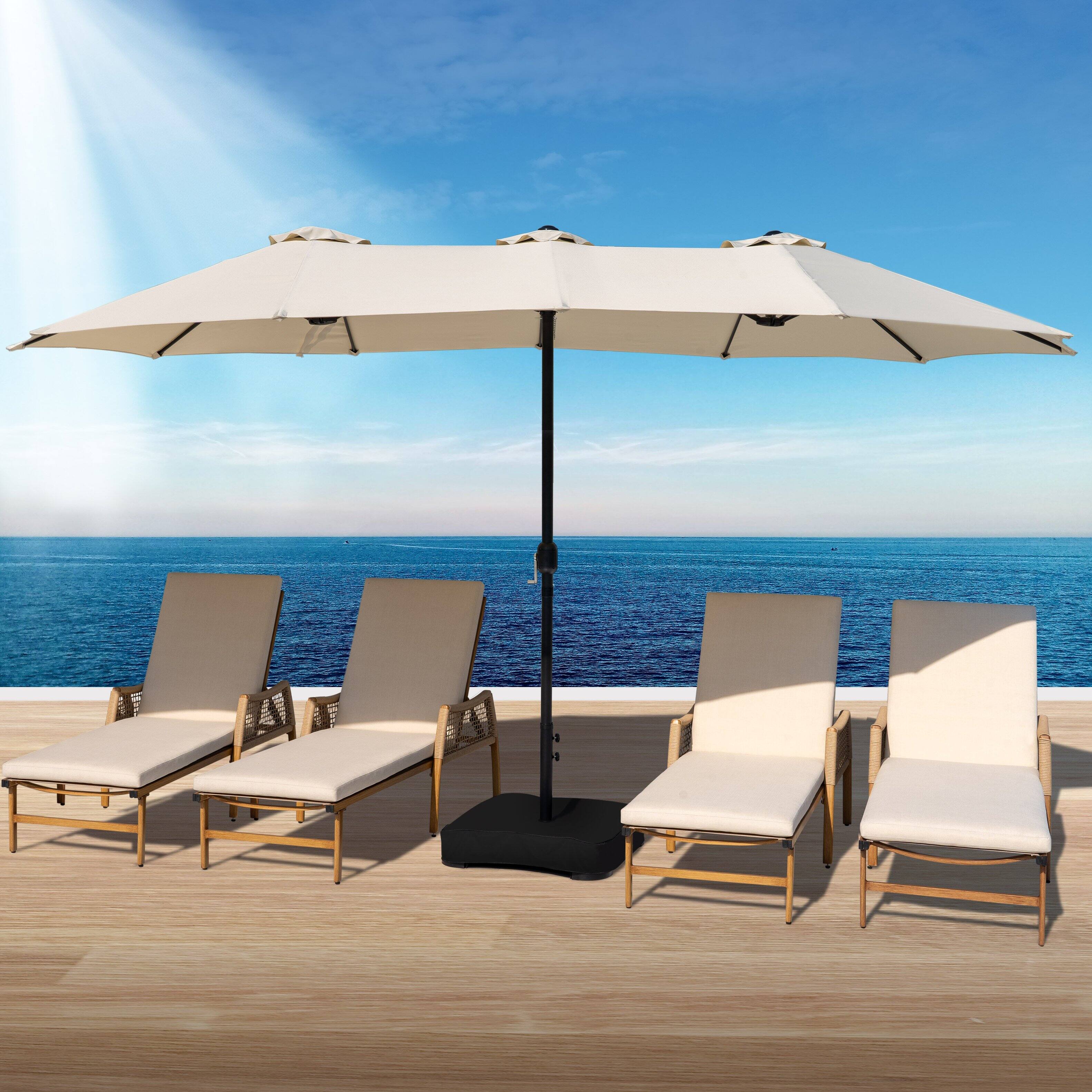 Left. Nuu Garden - 15FT Double-Sided Patio Umbrella with Umbrella Base and 2 Sandbags - Beige.
