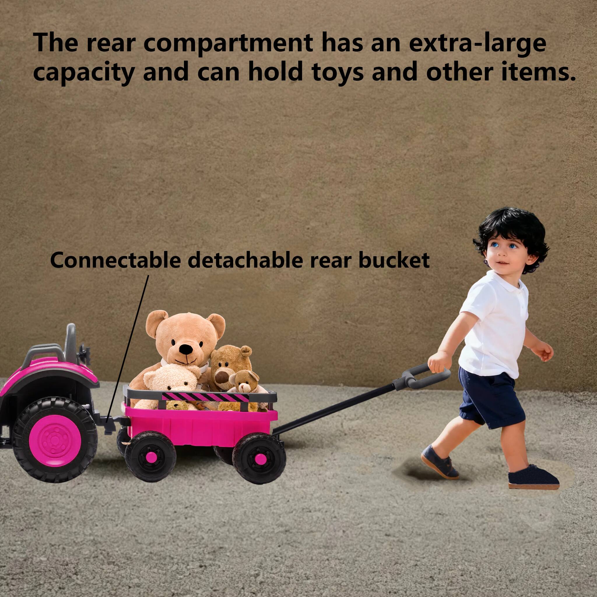 The rear compartment has an extra-large capacity and can hold toys and other items.

Connectable detachable rear bucket