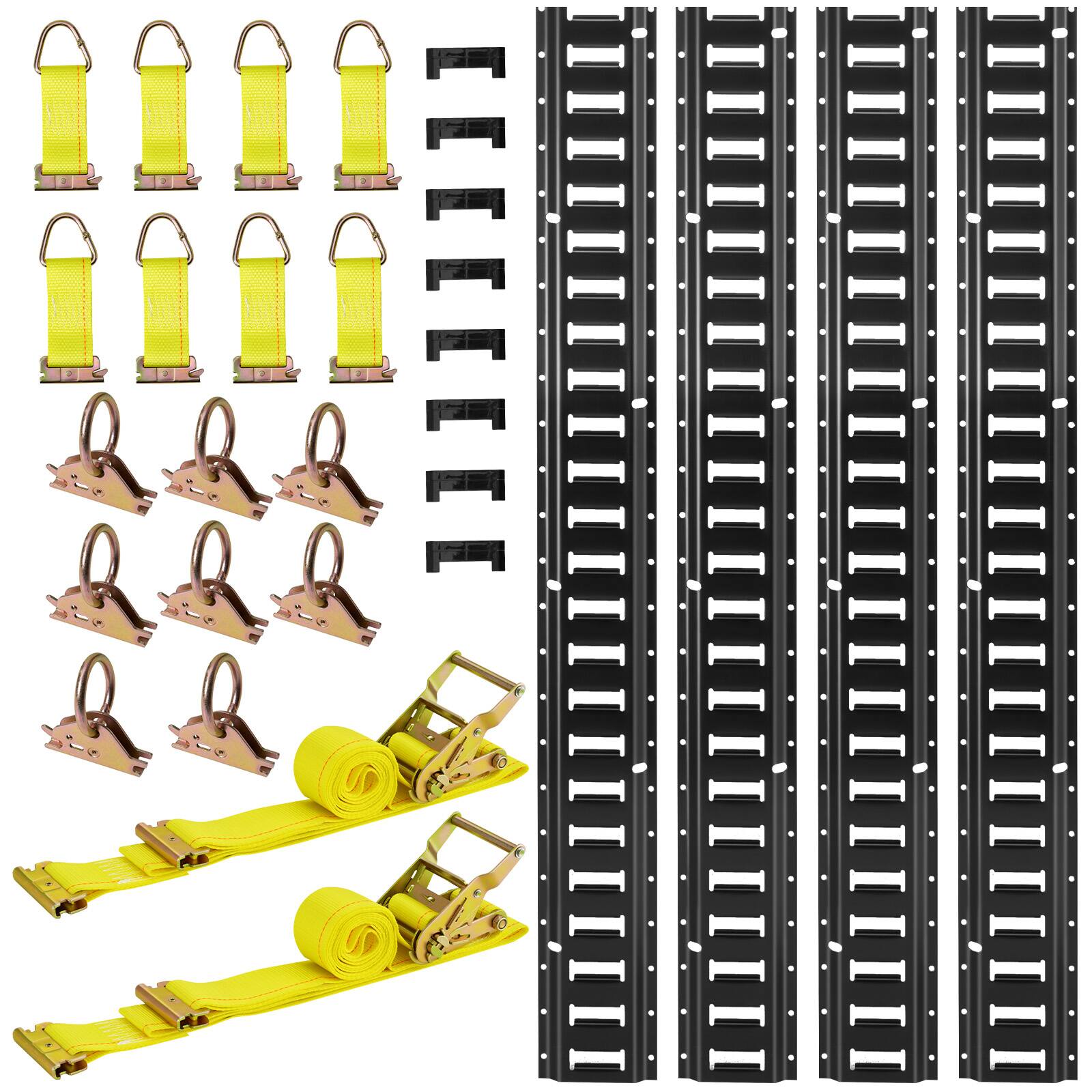 VEVOR - E-Track Tie-Down Rail Kit, 4 Pack 7.7 ft E Track Rails, 26 Pcs Includes 2 Ratchet Straps & 8 O-Rings & 8 Tie-Offs - Black,Yellow