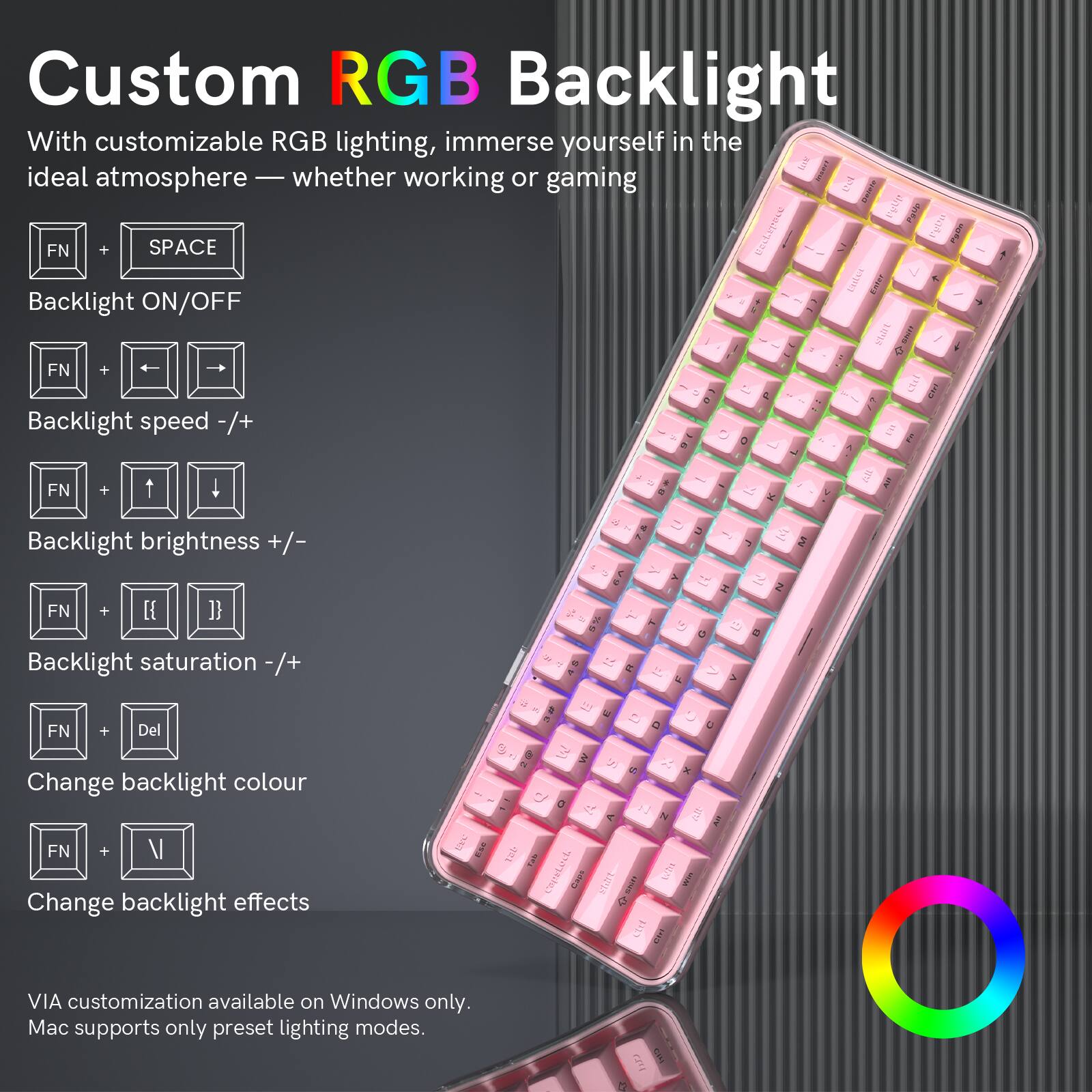 Custom RGB Backlight

With customizable RGB lighting, immerse yourself in the ideal atmosphere — whether working or gaming.

- FN + SPACE: Backlight ON/OFF
- FN + ←/→: Backlight speed -/+
- FN + ↑/↓: Backlight brightness +/-
- FN + { }: Backlight saturation -/+
- FN + Del: Change backlight colour
- FN + V: Change backlight effects

VIA customization available on Windows only. Mac supports only preset lighting modes.