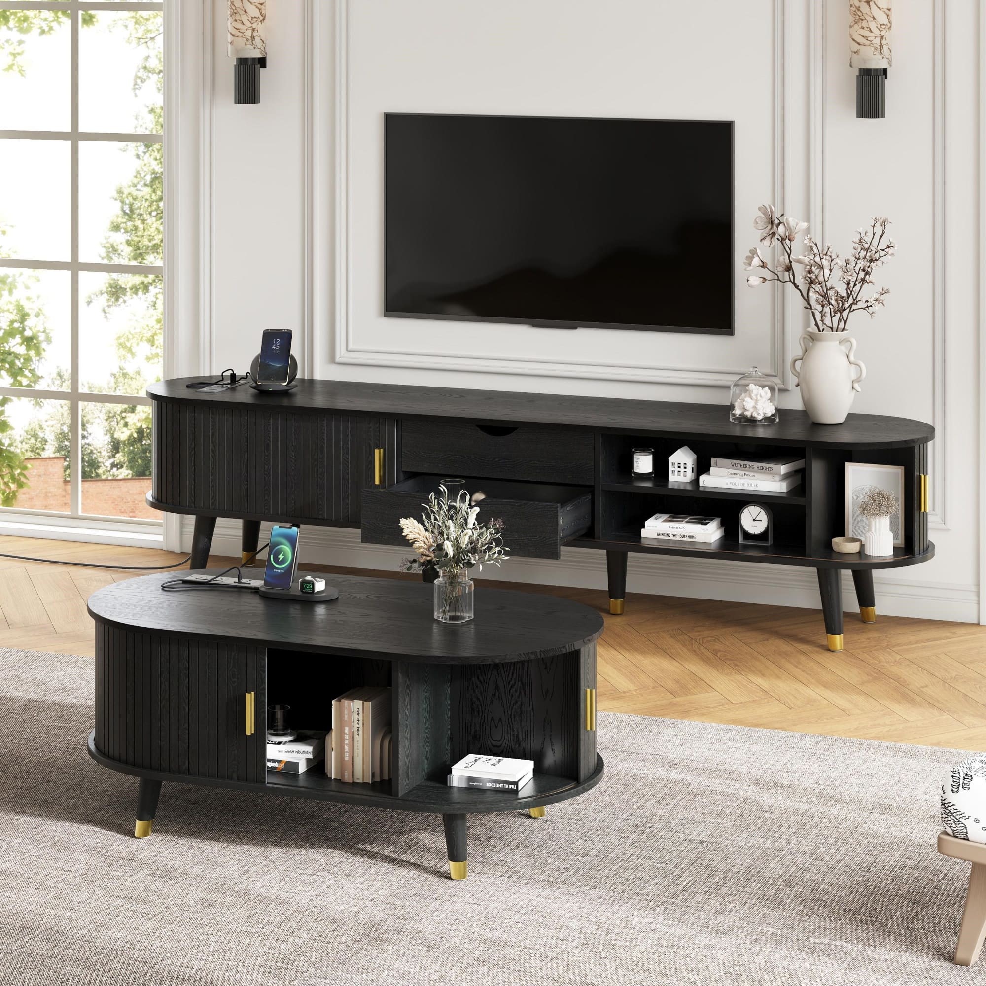 Spaco - Wooden Farmhouse TV Stand Coffee Table Set Charging Station, Oval Fluted Media Console Sliding Doors for 80" TVs - Black
