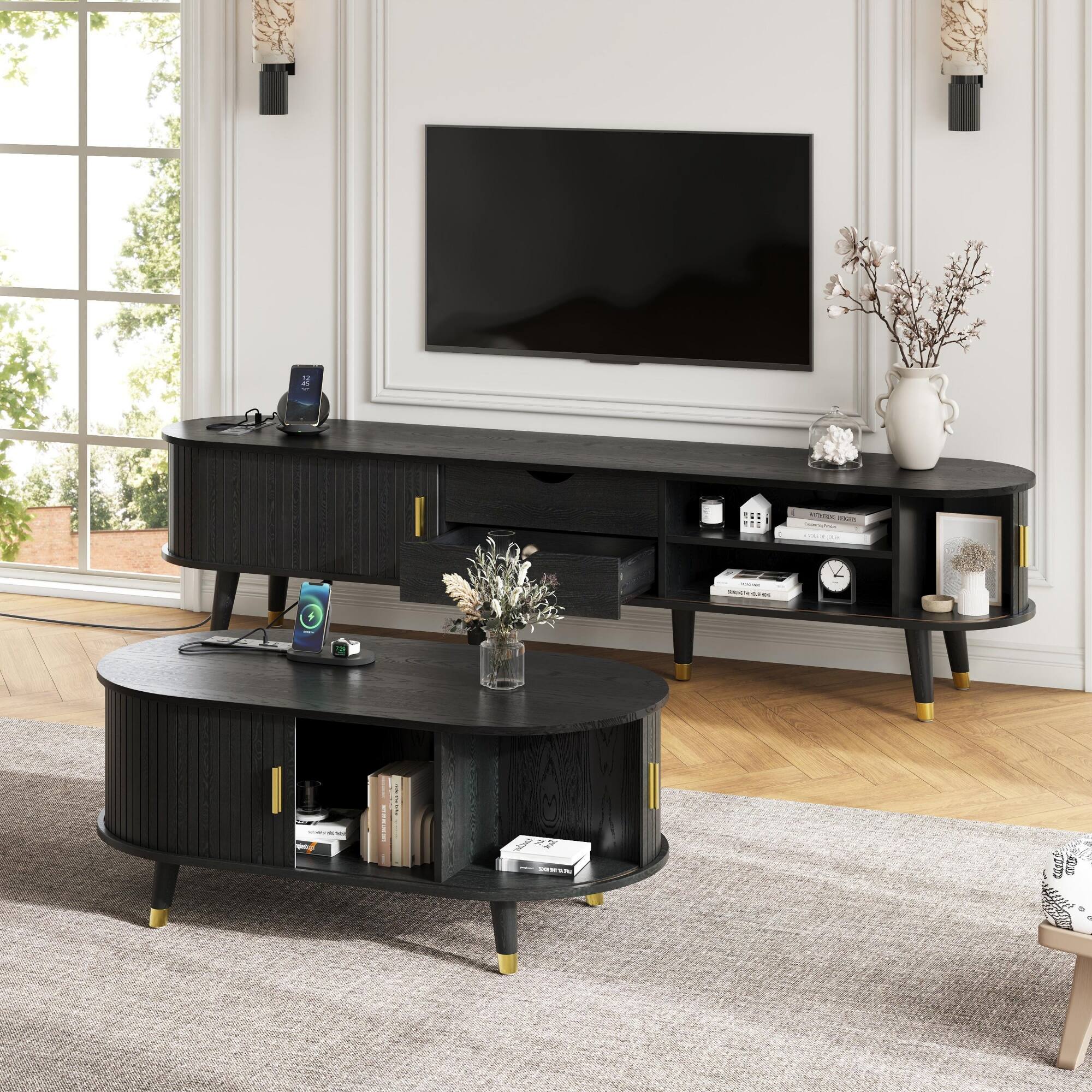 Front. Spaco - Spaco Wooden Farmhouse TV Stand Coffee Table Set Charging Station, Oval Fluted Media Console Sliding Doors for 80" TVs - Black.