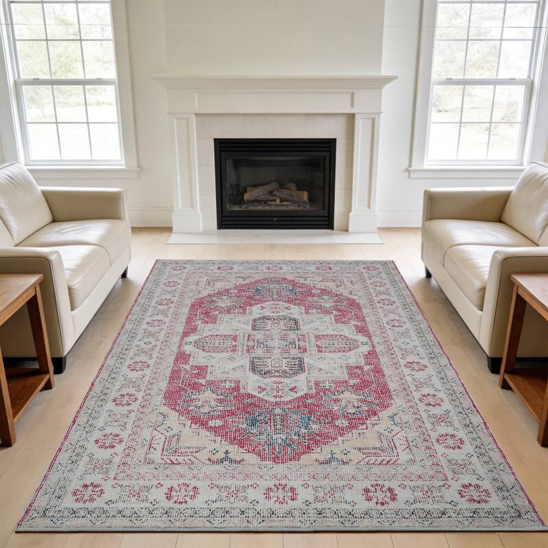 Angle. RYHNUYNE - 8x10 Area Rugs Living Room Rug Washable Vintage Boho Rug No Slip Stain Resistant Soft Carpet Indoor Floor Floral Carpets - Painting.