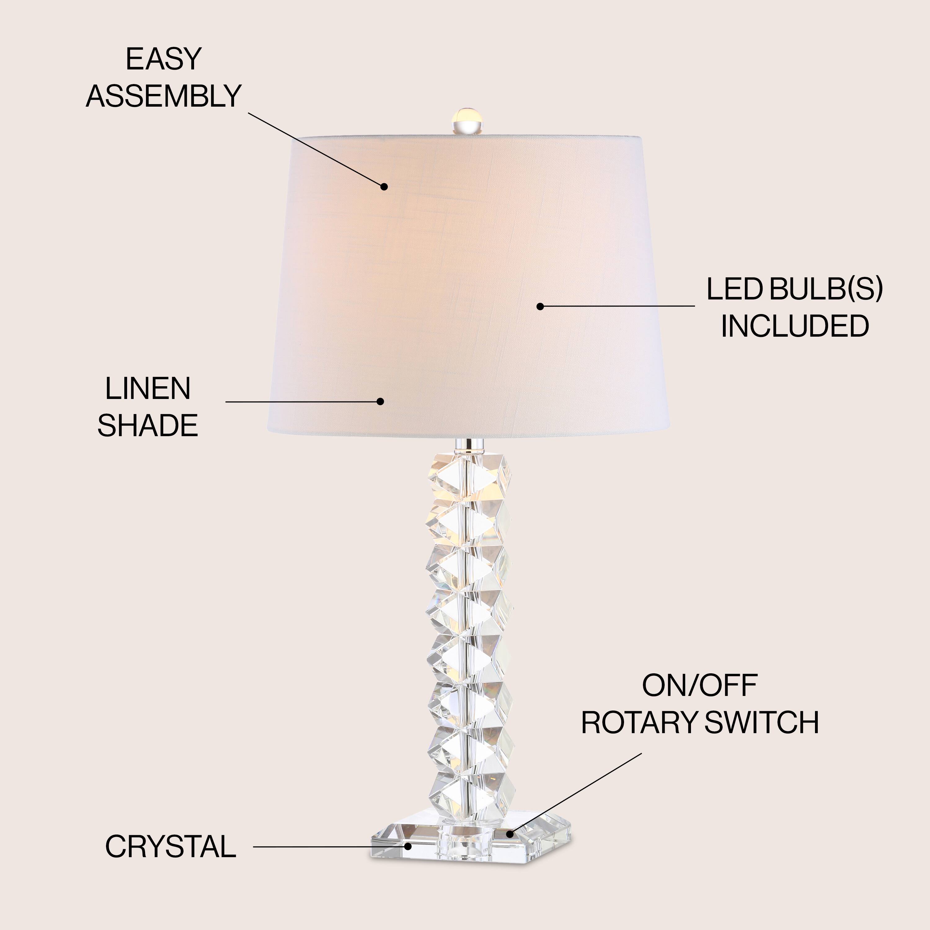 EASY ASSEMBLY  
LED BULB(S) INCLUDED  
LINEN SHADE  
ON/OFF ROTARY SWITCH  
CRYSTAL