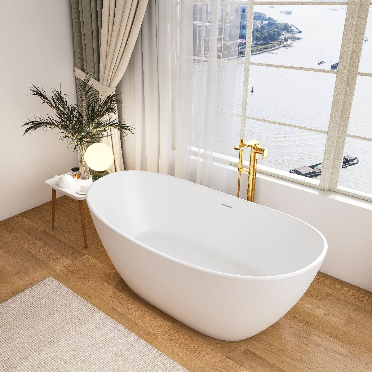 Angle. Loheer - Loheer Solid Surface Freestanding Bathtub, Matte White Soaking Tub with Center Drain, 65 in - Matte White.