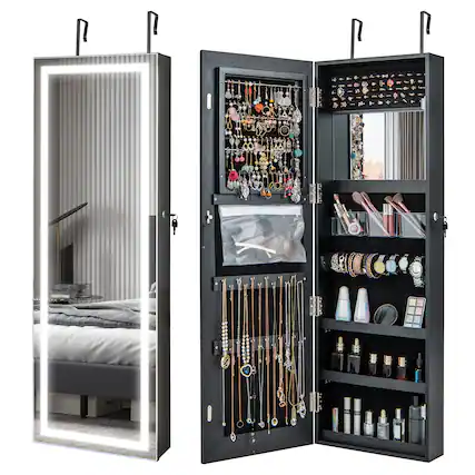 Front. Costway - LED Mirror Jewelry Cabinet Wall/Door Mounted 47" Armoire 3 Color Light Black - Black.