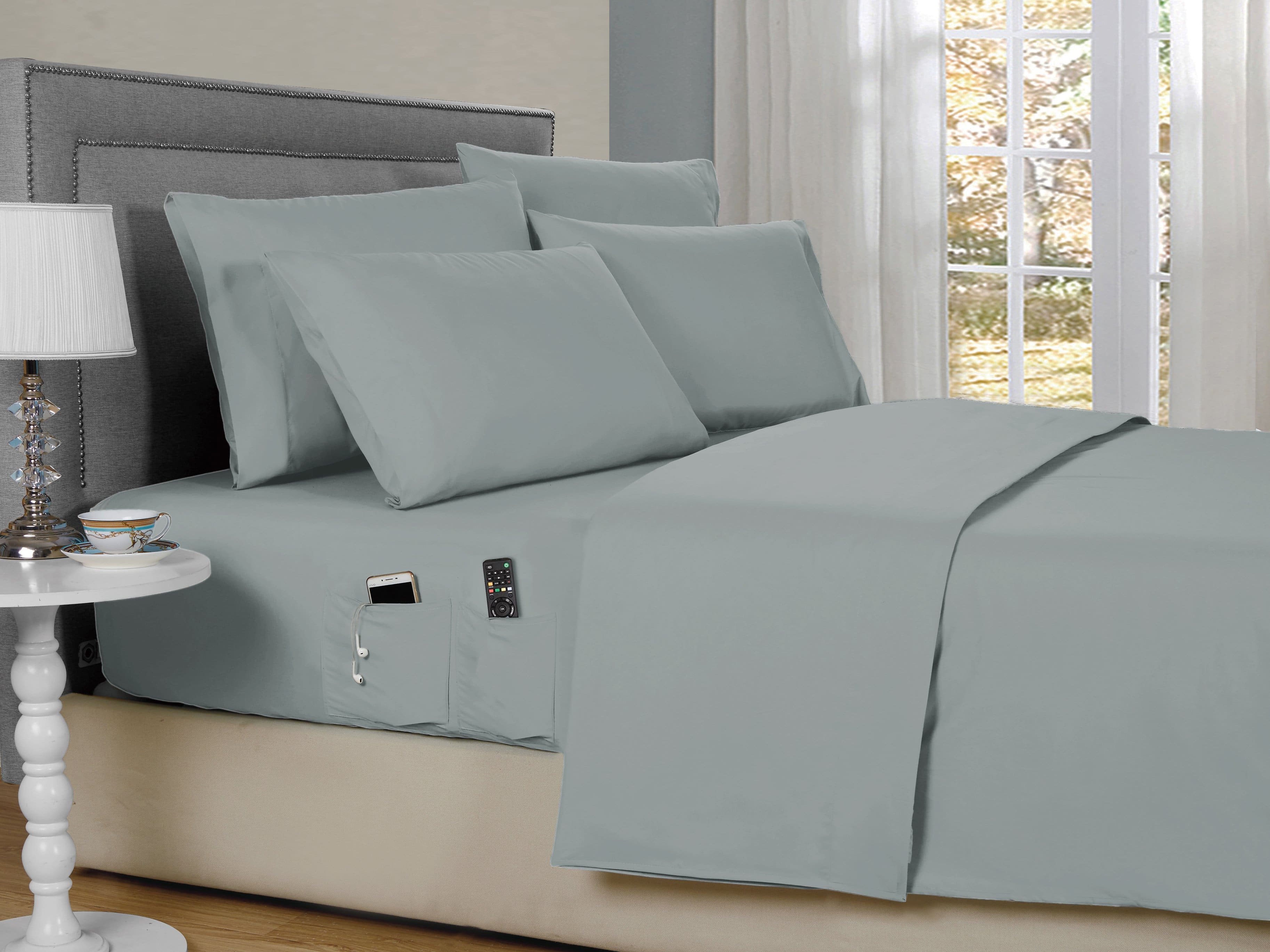 Kathy Ireland - 6-Piece Smart Sheet Sets w/ Side Pocket - Silver