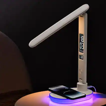Front. Dazzed Corner - LED Desk Lamp with 15W Wireless Charger, Digital Alarm Clock - White.