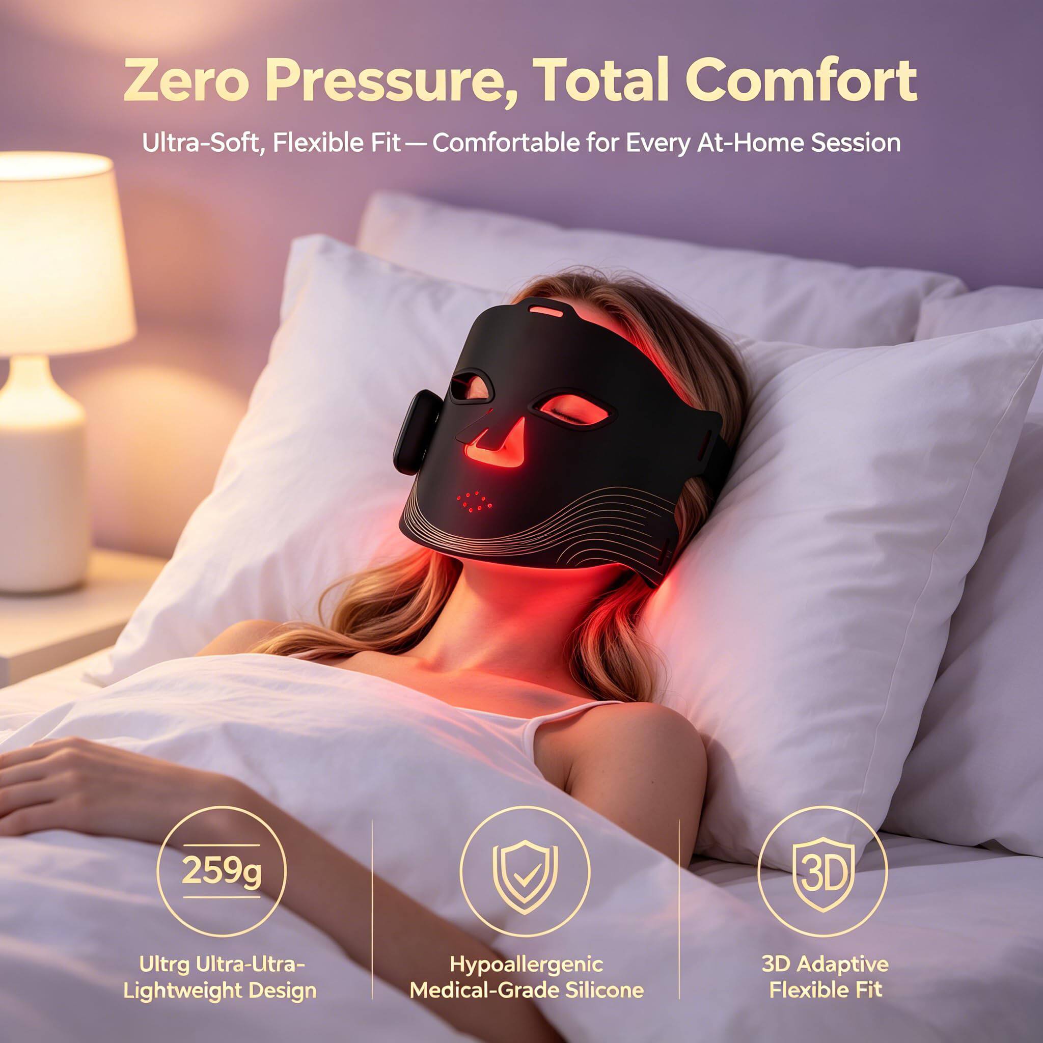Zero Pressure, Total Comfort  
Ultra-Soft, Flexible Fit — Comfortable for Every At-Home Session  
259g  
3D Ultrg Ultra-Ultra- Lightweight Design  
Hypoallergenic Medical-Grade Silicone  
3D Adaptive Flexible Fit
