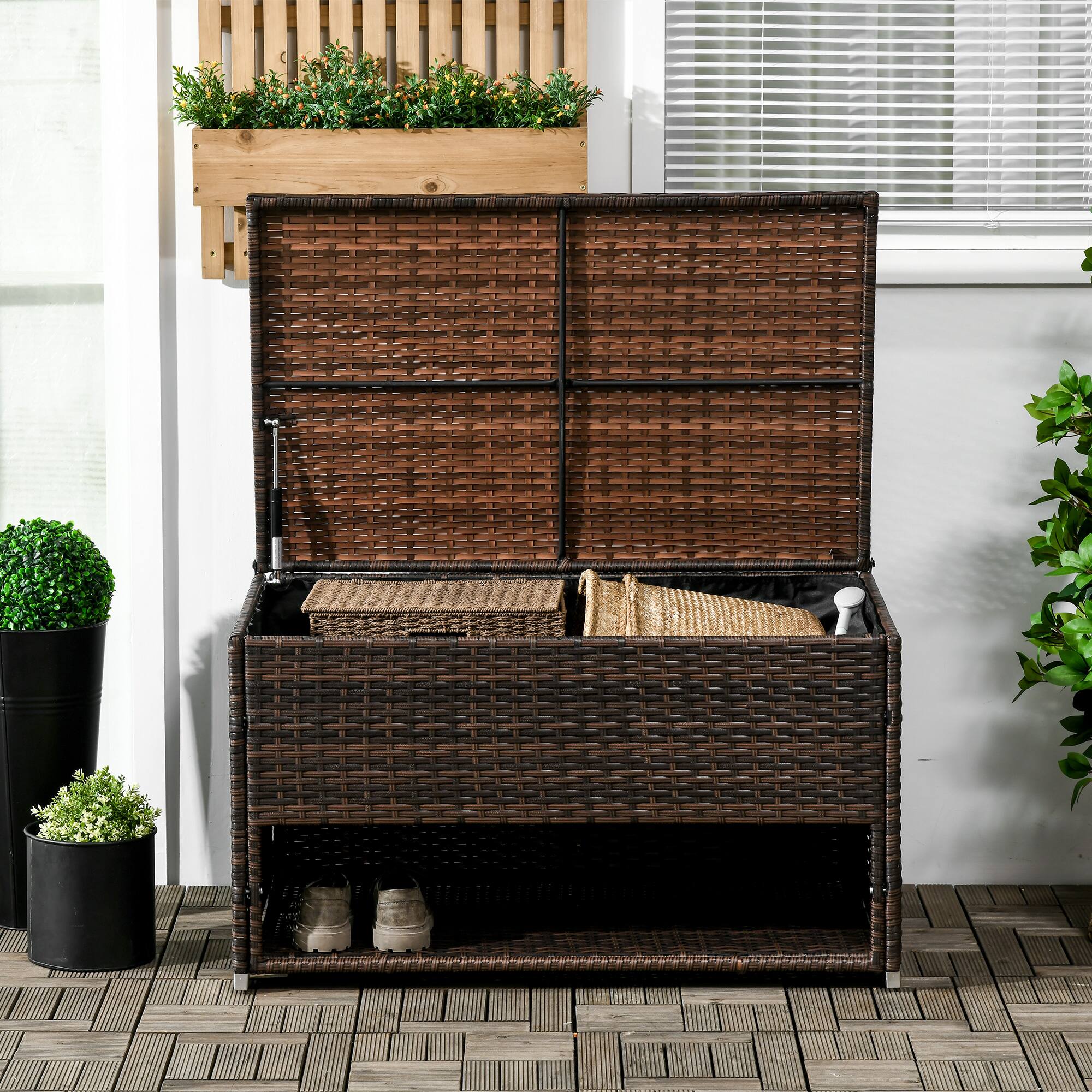 Alt View 1. Outsunny - Outdoor Deck Box and Waterproof Shoe Storage, PE Rattan Wicker Towel Rack with Liner for Indoor, Outdoor - Brown.