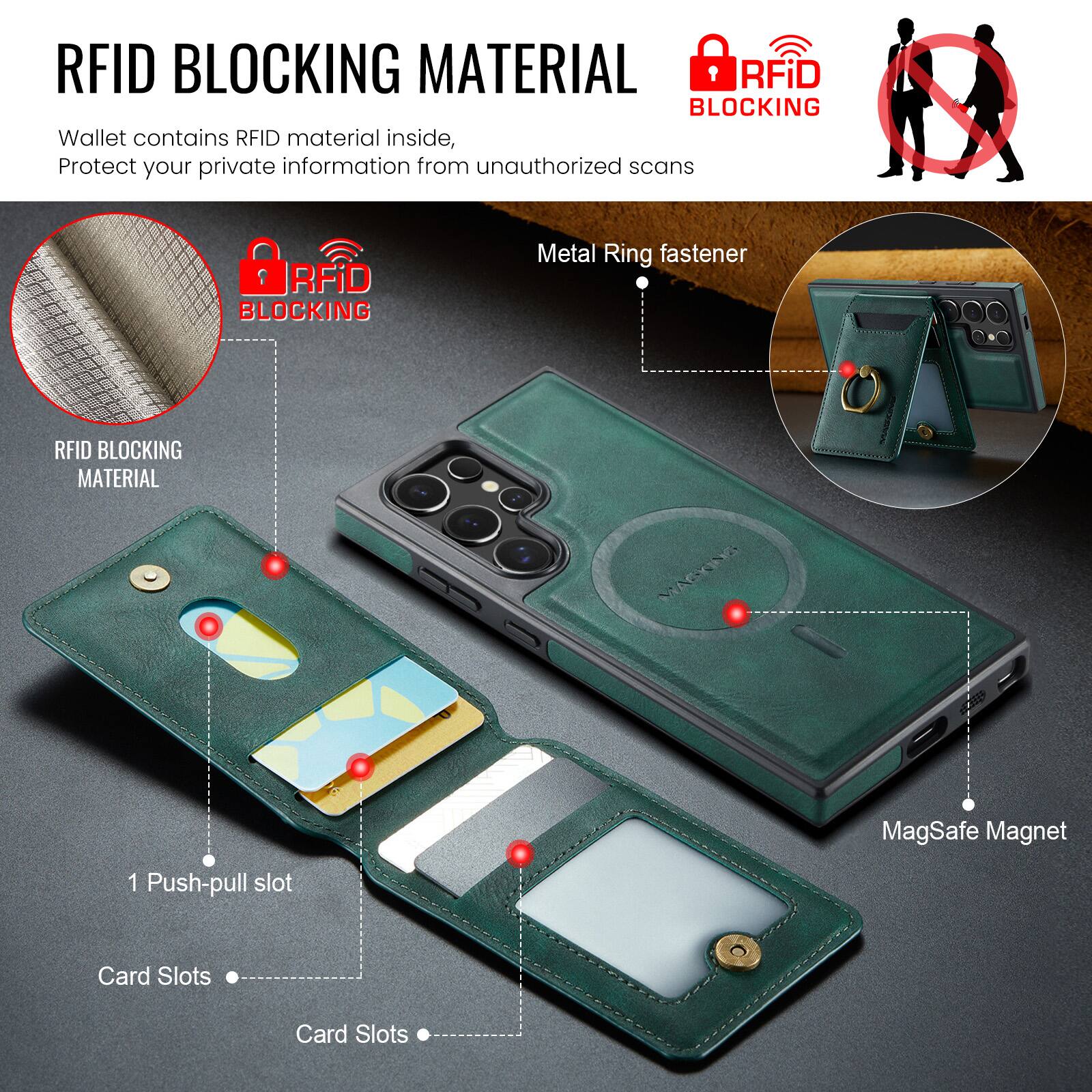 RFID BLOCKING MATERIAL

Wallet contains RFID material inside, Protect your private information from unauthorized scans

RFID BLOCKING MATERIAL

RFiD BLOCKING Metal Ring fastener

RFiD BLOCKING MATERIAL

MagSafe Magnet

1 Push-pull slot

Card Slots

Card Slots
