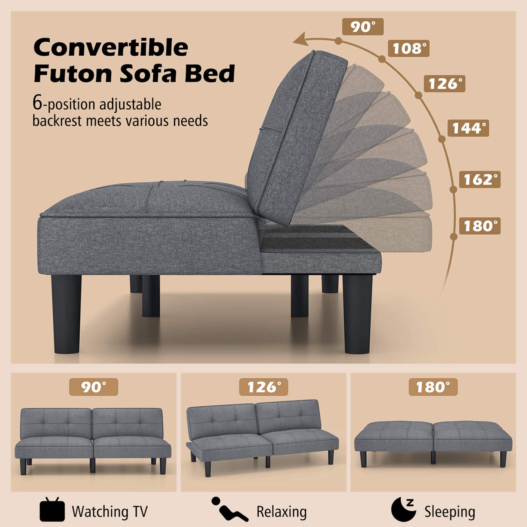 Convertible Futon Sofa Bed 6-position adjustable backrest meets various needs 90 108 126 144 162 180 90 126 180 Watching TV Relaxing Z Sleeping