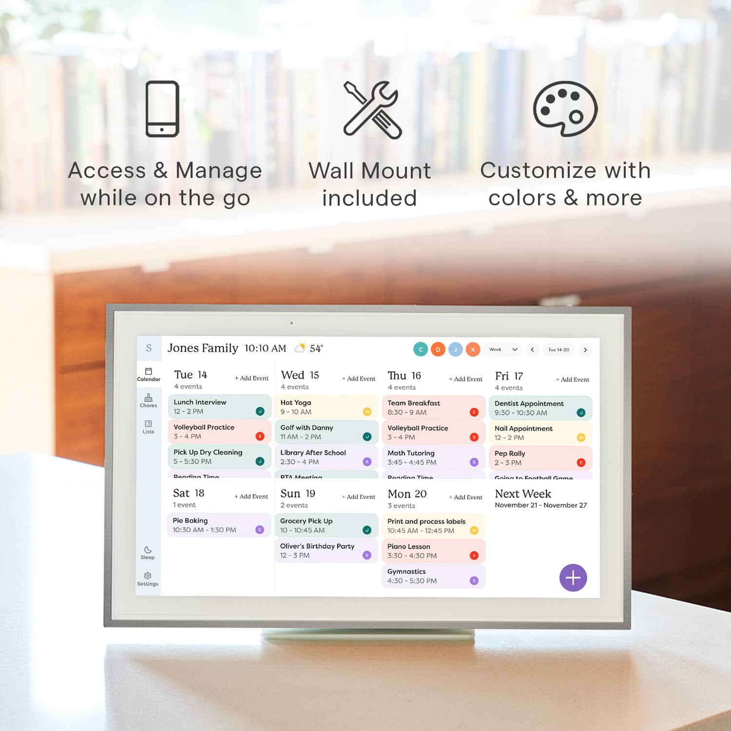 The text on the image is a calendar for the Jones family, showing their events and appointments for the week. The calendar includes details such as the time, date, and location of each event. The events include activities like dentist appointments, library visits, and sports practices. The calendar is displayed on a table, making it easily accessible for the family members to manage their schedules and plan their activities accordingly.