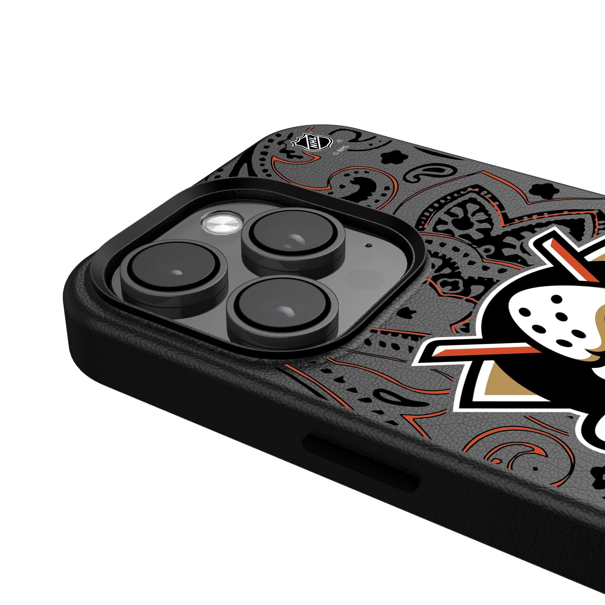 Alt View 3. Keyscaper - Black Anaheim Ducks Paisley iPhone Magnetic Bump Case - 16 Pro Max - Black.