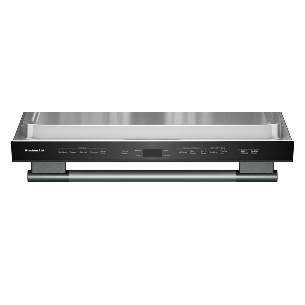 KitchenAid  
CYCLES  
- Bullets, Touch  
- Extra  
- Heavy  
- 1-24 H  
- Running  
- Resume  
- Drain  

WASH OPTIONS  
- Heavy  
- Top 2  
- Delicate  
- ProDry  

DISH OPTIONS  
- Extra  
- High  
- Delay  
- Rinse  

START  
CANCEL