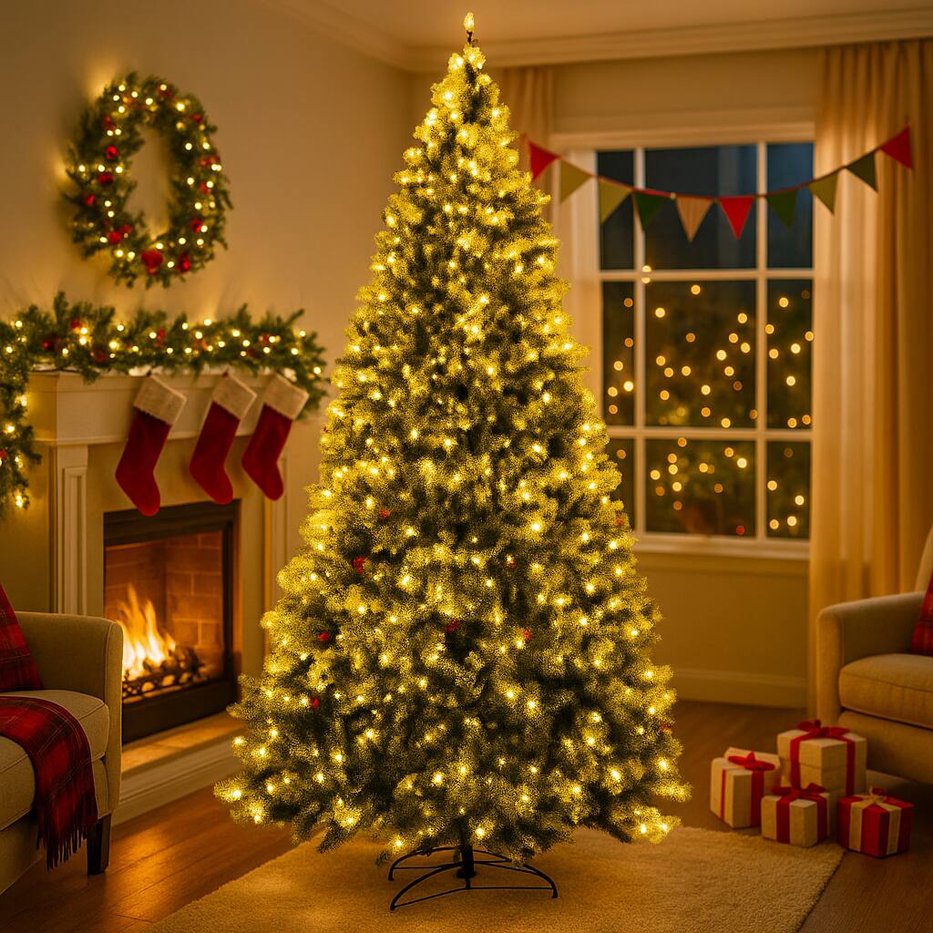 Angle. BreeBe - Snow Flocked Pre-Lit Tree – 6ft 7.5ft 9ft with Berries and 8 Lighting Settings - Green.