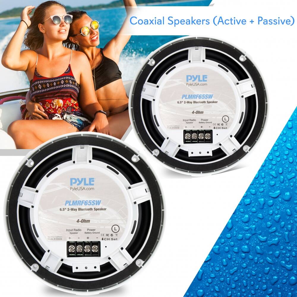 Coaxial Speakers (Active + Passive)

PYLE  
PyleUSA.com  
PLMRF65SW  
6.5" 2-Way Bluetooth Speaker  
4-Ohm  

Input: Radio  
Power: Battery Ground  
CE FC G T  
CH Set  

Made in China