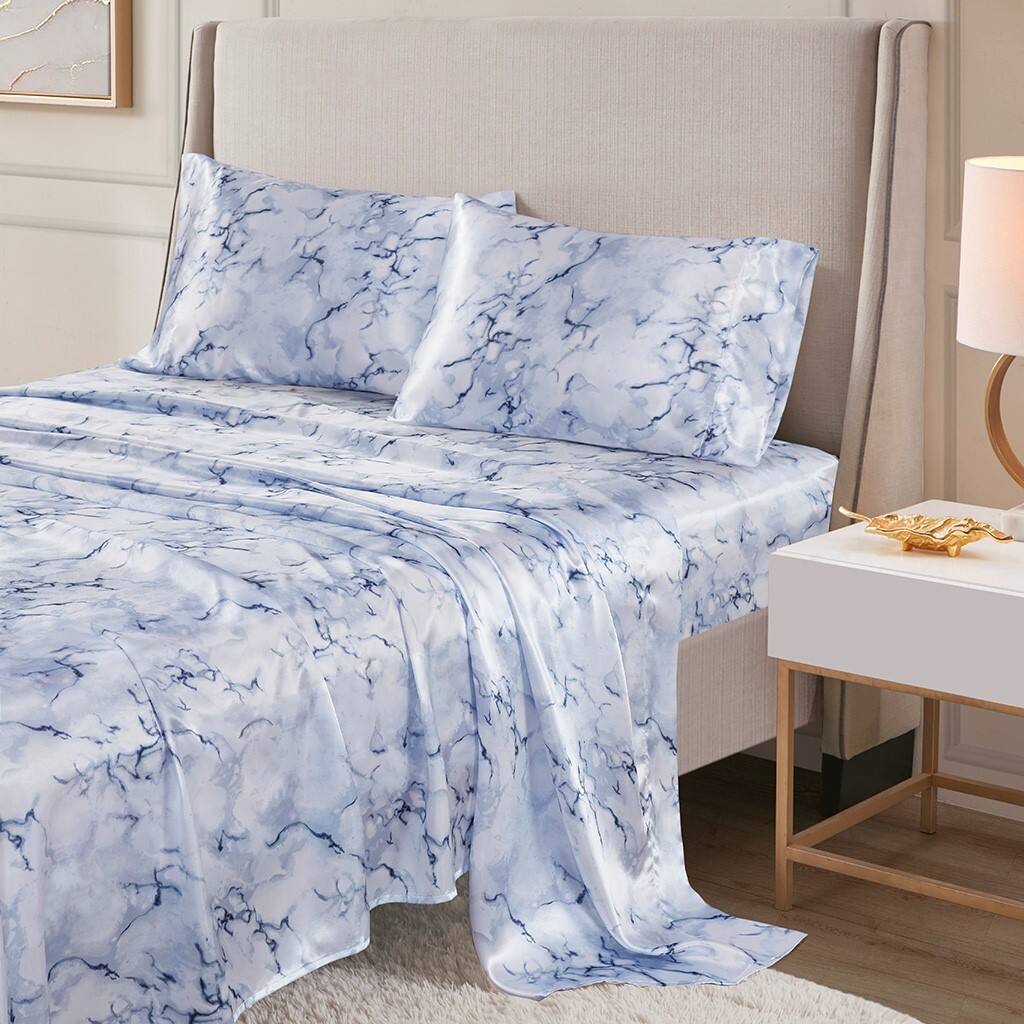 Alt View 1. Gracie Mills - Gracie Mills Emeline Animal Printed Wrinkle Free Satin Sheet Set - Blue Marble.