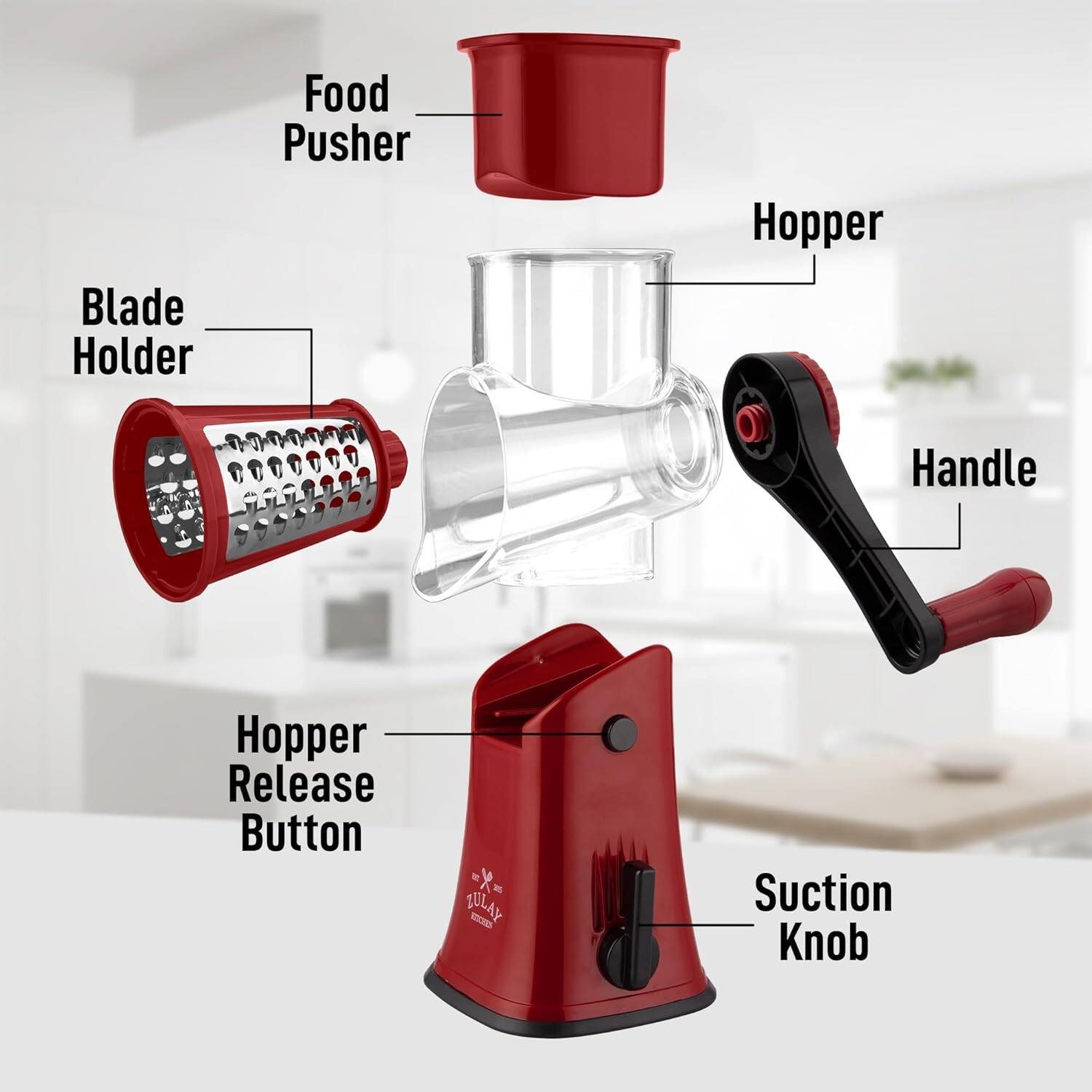 Blade Holder  
Food Pusher  
Hopper  
Handle  
Hopper Release Button  
Suction Knob