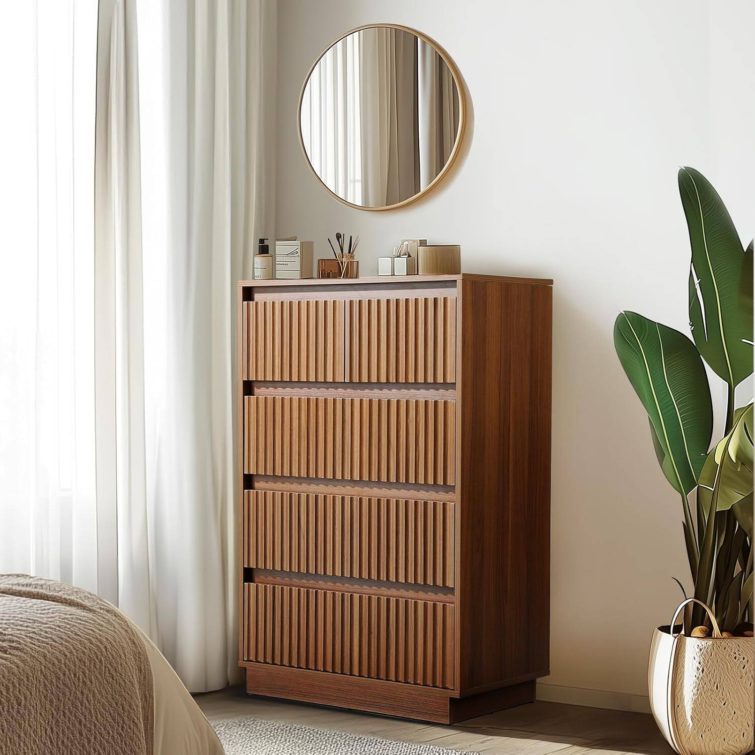 Left. Koligey - 5-Drawer Dresser 27.5"W Single Dresser With Waveform Fluted Panel - brown.