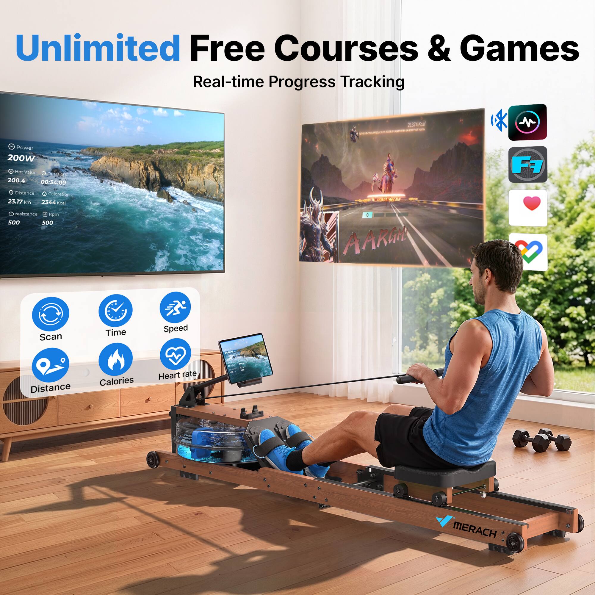 Unlimited Free Courses & Games  
Real-time Progress Tracking

20374

Power 200W  
Hot Value 200.4  
00:34:00  
Distance 23.17 km  
2344 Kcal  
Resistance 500  
500

D AARGHE  
F7  
Scan  
Time  
Speed  
Distance  
Calories  
Heart rate  
MERACH