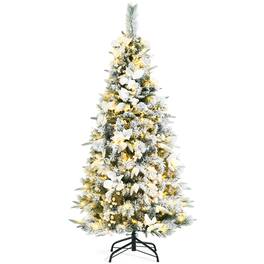Gymax - 5 FT Pre-Lit Artificial Snow-Flocked Christmas Tree Hinged Pencil Xmas Tree - White