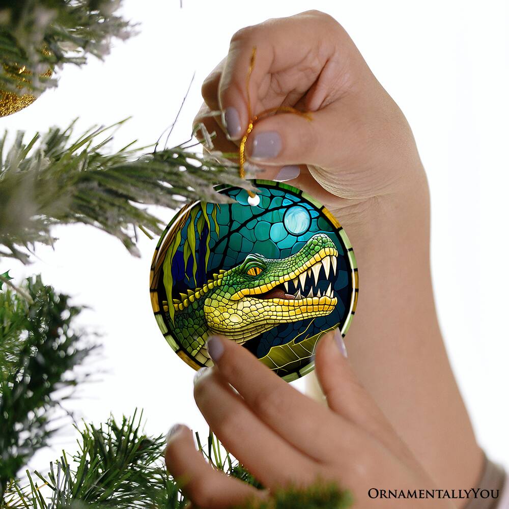 Alt View 1. OrnamentallyYou - Artistic Wetlands Alligator Ceramic Ornament Stained Glass Theme Nature Art of Swamp Animal - Multi-colored.