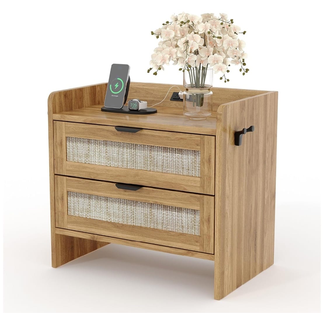 GARVEE - Rattan Nightstand, Bedside Table with Type-C Charging Station - 2 Storage Drawer Space, Brown 1pcs - Walnut