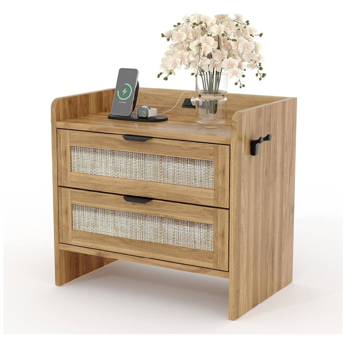 Front. GARVEE - Rattan Nightstand, Bedside Table with Type-C Charging Station - 2 Storage Drawer Space, Walnut Brown 1pcs - Walnut.