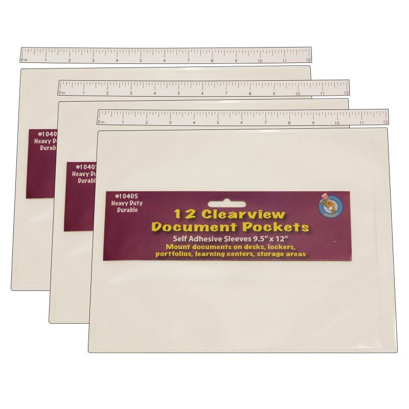 #1040 Heavy Duty Durable  
#1040 Heavy Duty Durable  
#10405 Heavy Duty Durable  

12 Clearview Document Pockets  
Self Adhesive Sleeves 9.5" x 12"  
Mount documents on desks, lockers, portfolios, learning centers, storage areas
