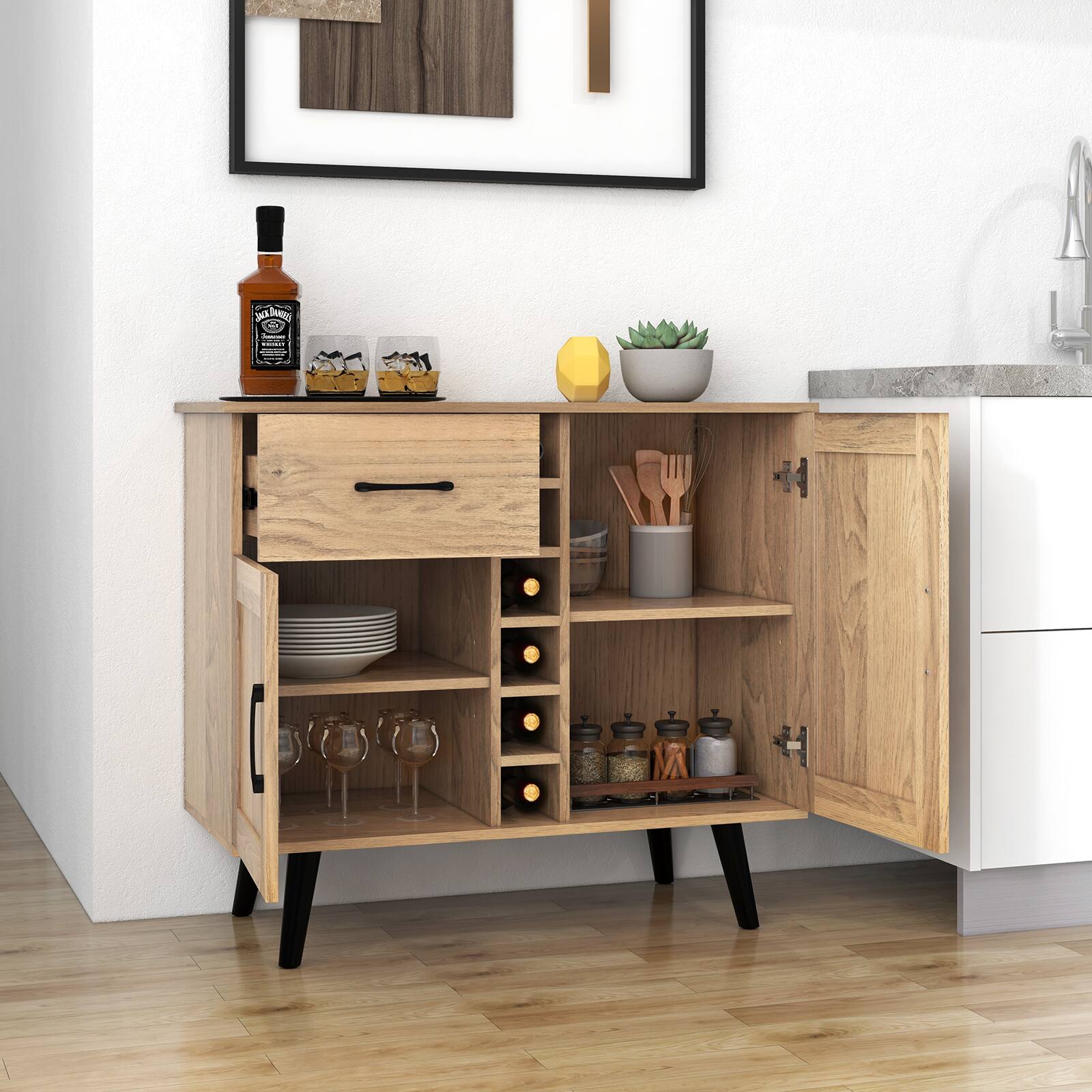 Alt View 2. Costway - 2-Door Wine Bar Cabinet Kitchen Sideboard Buffet with Drawer & Adjustable Shelves - Natural.