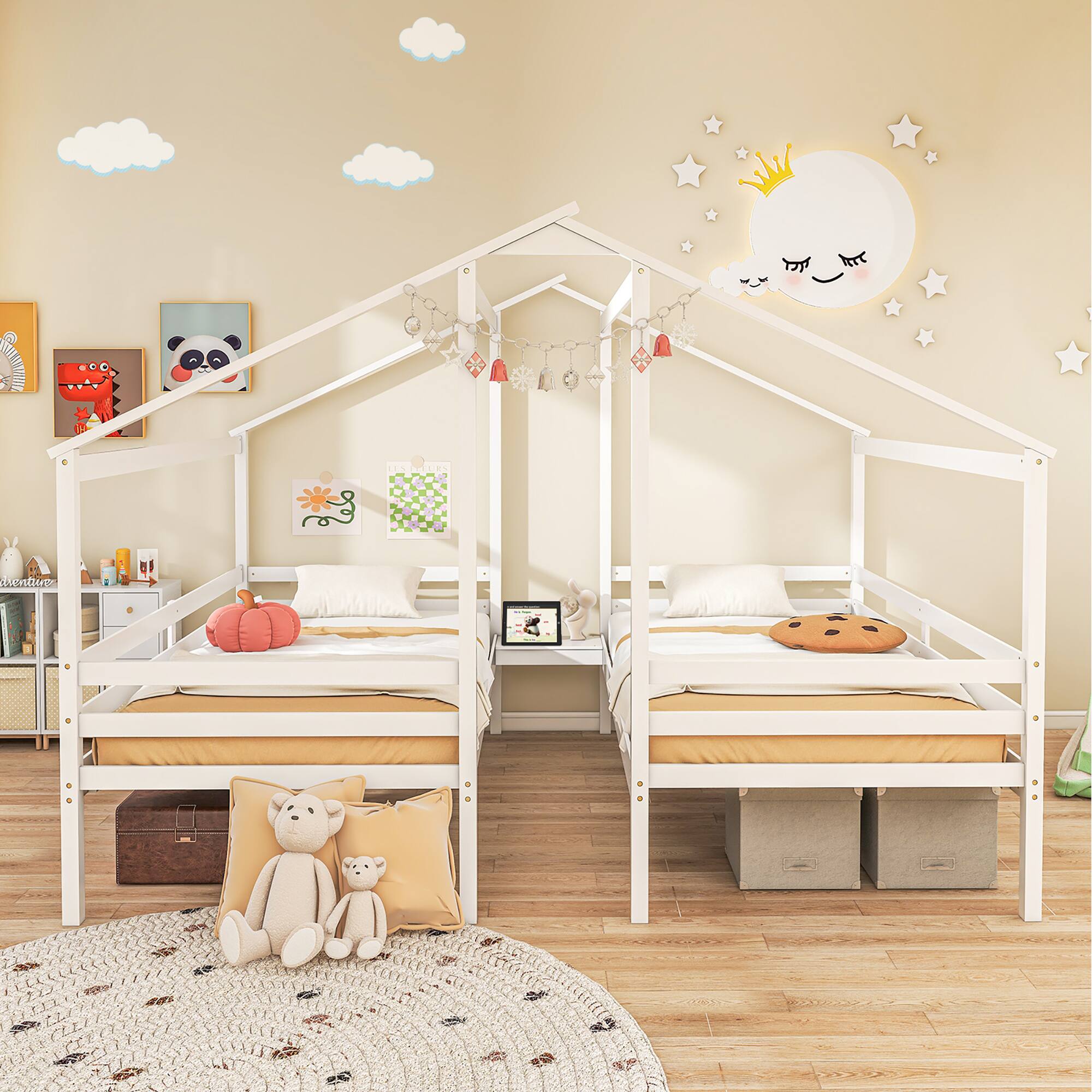 Alt View 4. Gymax - Gymax Double Twin Size Bed Frames for Kids with Built-in Table & USB Port Guardrails - White.