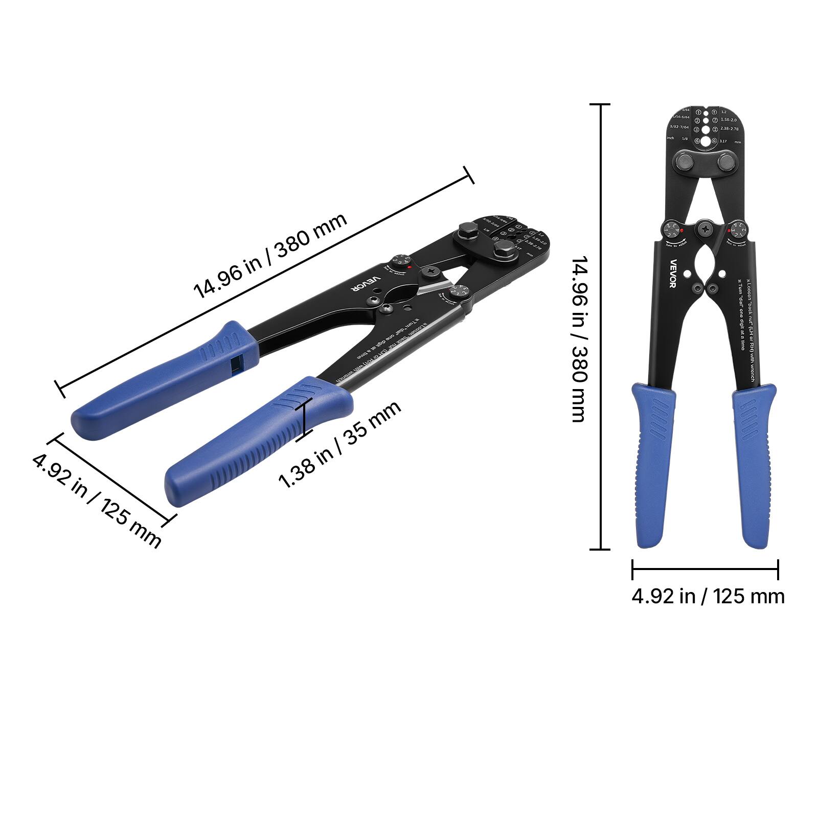 - i LIA i 4.92 in / 125 mm
- 14.96 in / 380 mm
- 1.38 in / 35 mm
- VEVOR