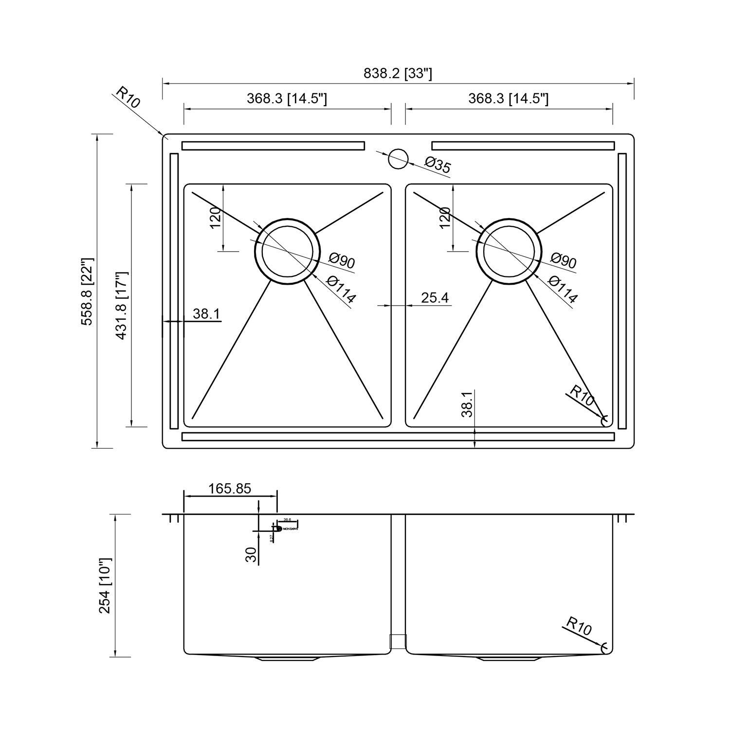 R10 368.3 [14.5"] 838.2 [33"] 368.3 [14.5"] 35 [22"] 558.8 [17"] 431.8 120 38.1 90 114 120 25.4 90 114 38.1 R10 165.85 [10"] 254 30 R10