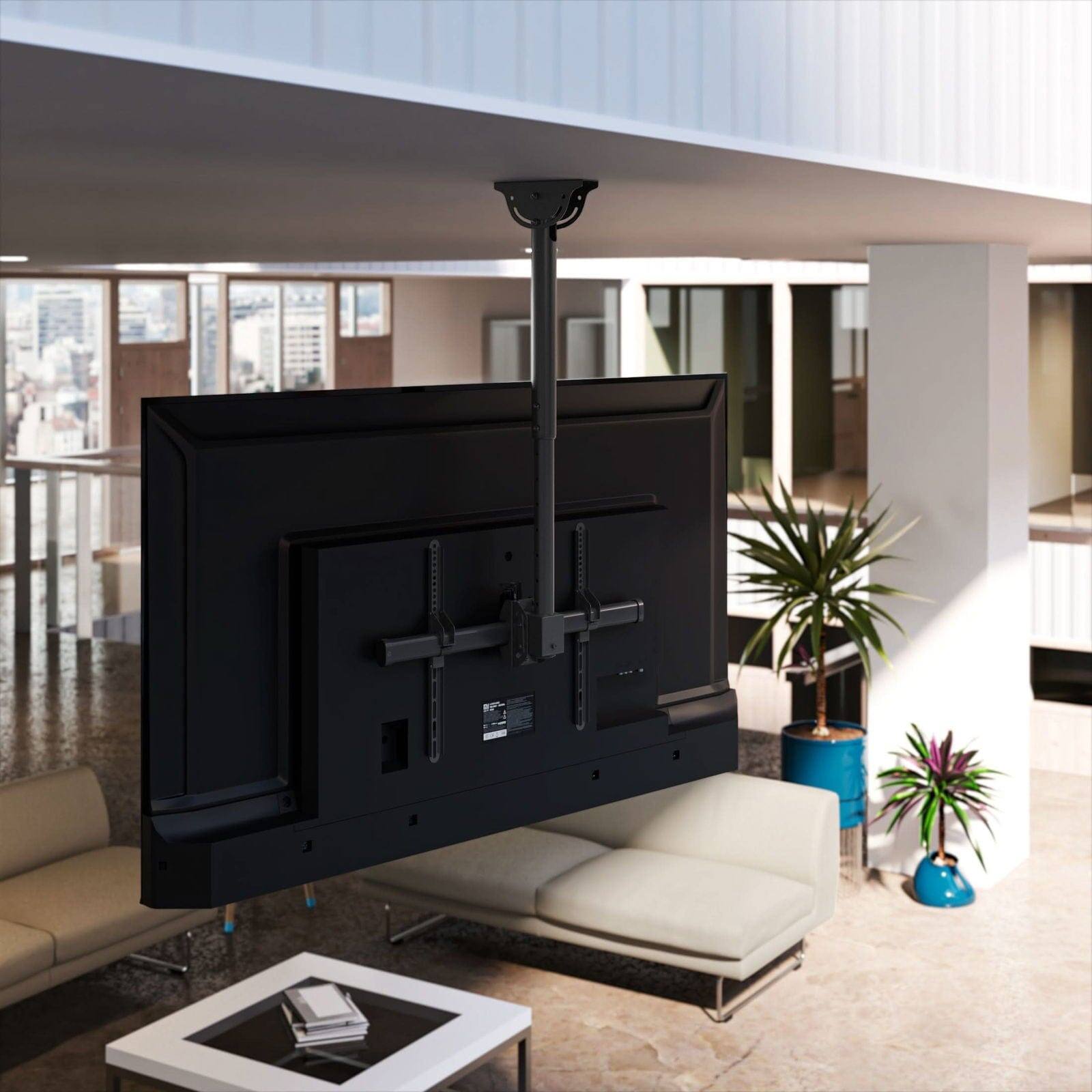 Left. Mount-It! - Full-Motion Adjustable Ceiling TV Mount – 32″–70″, 360° Swivel, 25° Tilt, 22–36″ Drop, 110 lb Capacity - Black.