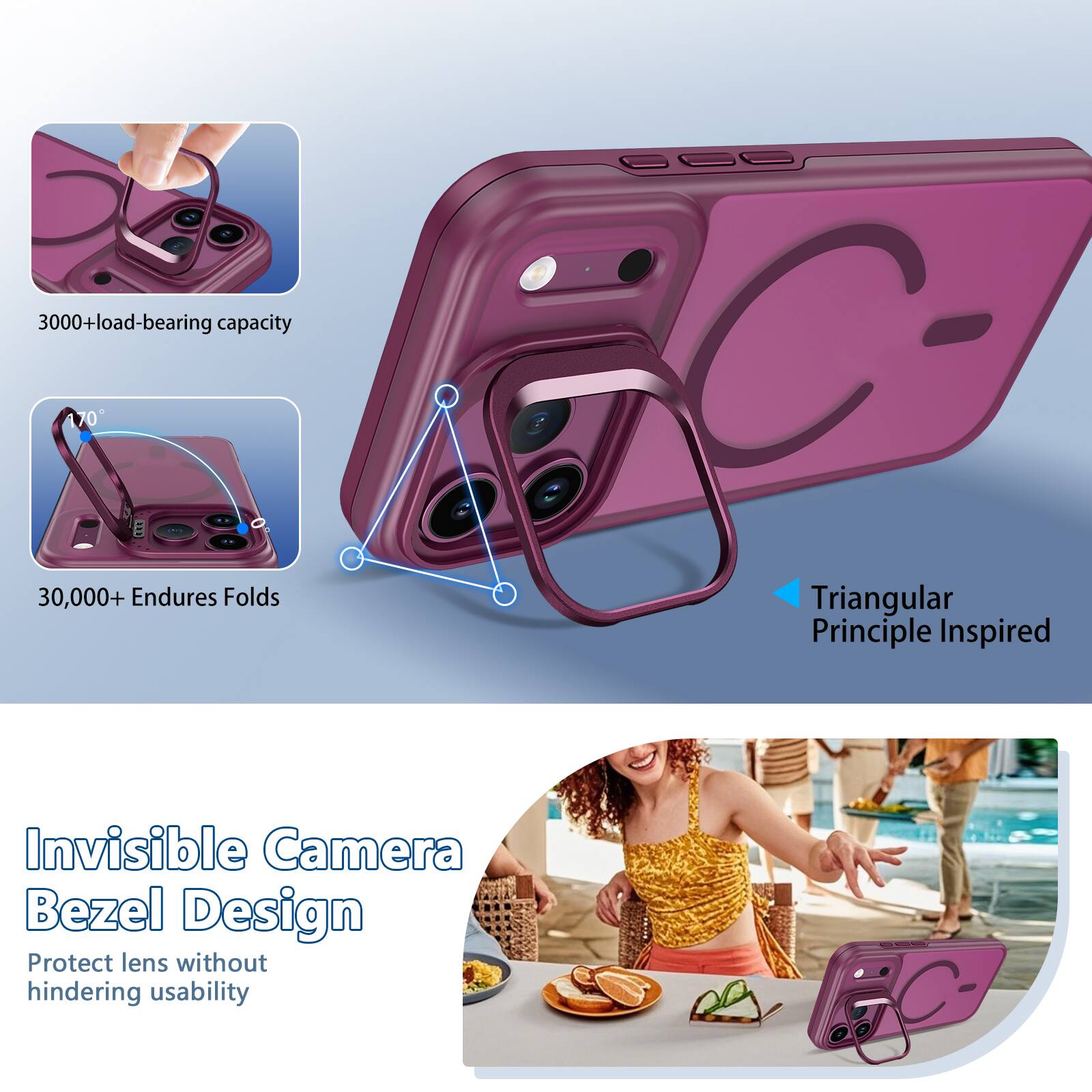 3000+ load-bearing capacity  
30,000+ Endures Folds  
Triangular Principle Inspired  
Invisible Camera Bezel Design Protect lens without hindering usability