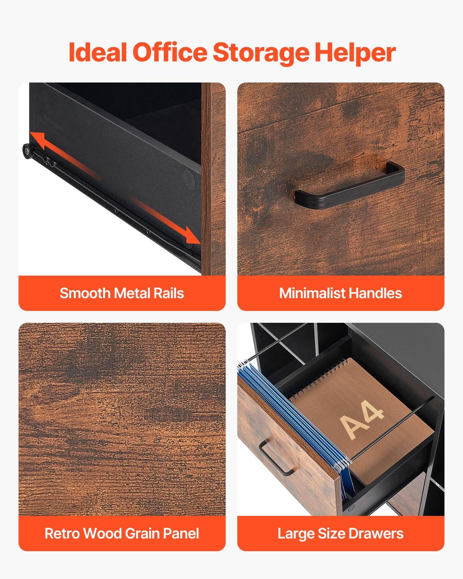 Ideal Office Storage Helper

- Smooth Metal Rails
- Minimalist Handles
- Retro Wood Grain Panel
- Large Size Drawers