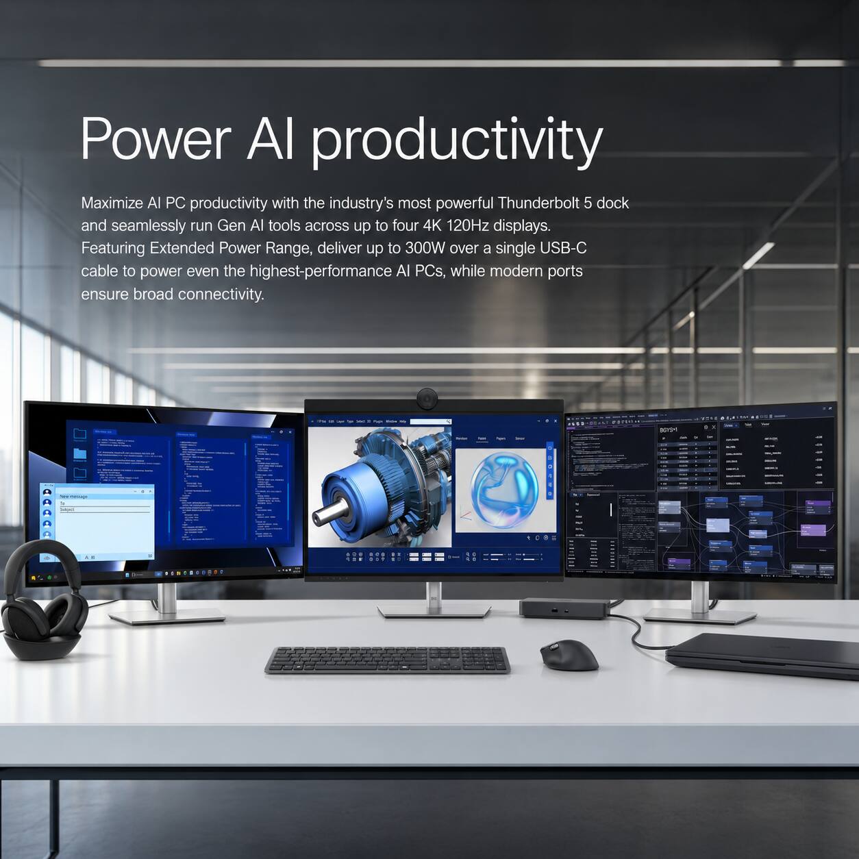 Power AI productivity

Maximize AI PC productivity with the industry's most powerful Thunderbolt 5 dock and seamlessly run Gen AI tools across up to four 4K 120Hz displays. Featuring Extended Power Range, deliver up to 300W over a single USB-C cable to power even the highest-performance AI PCs, while modern ports ensure broad connectivity.