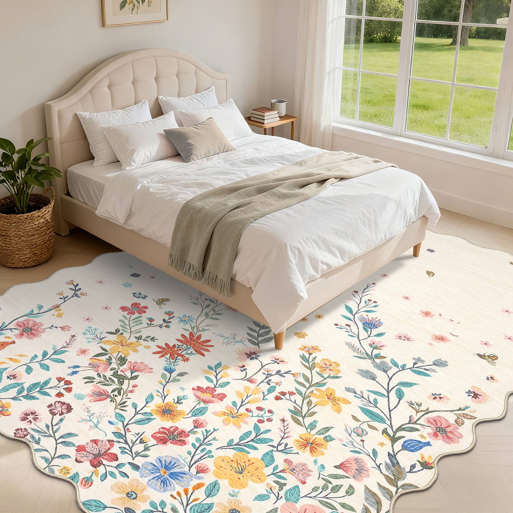 Back. Jojoka - Pastoral Garden Rug Enchanted Floral & Insect Print Washable Carpet Soft Ultra-Thin for Boho Bedrooms & Living Rooms - Beige.