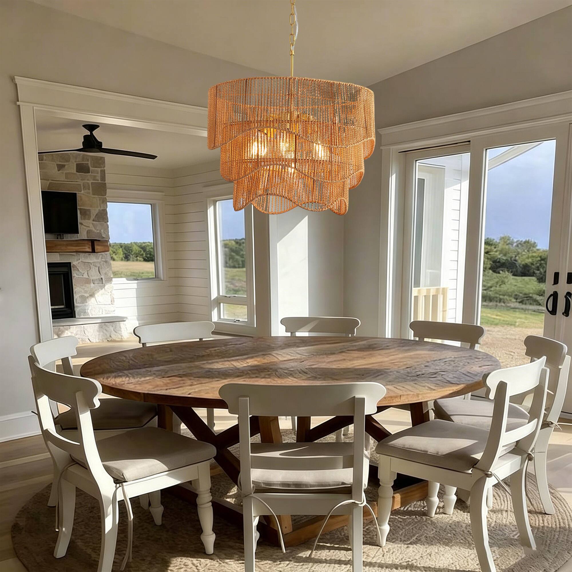 Back. Malletson - 7-Light Boho Chandelier, Woven Rattan Style Pendant Light with Adjustable Height, E26 Ceiling Fixture for Dining Room.