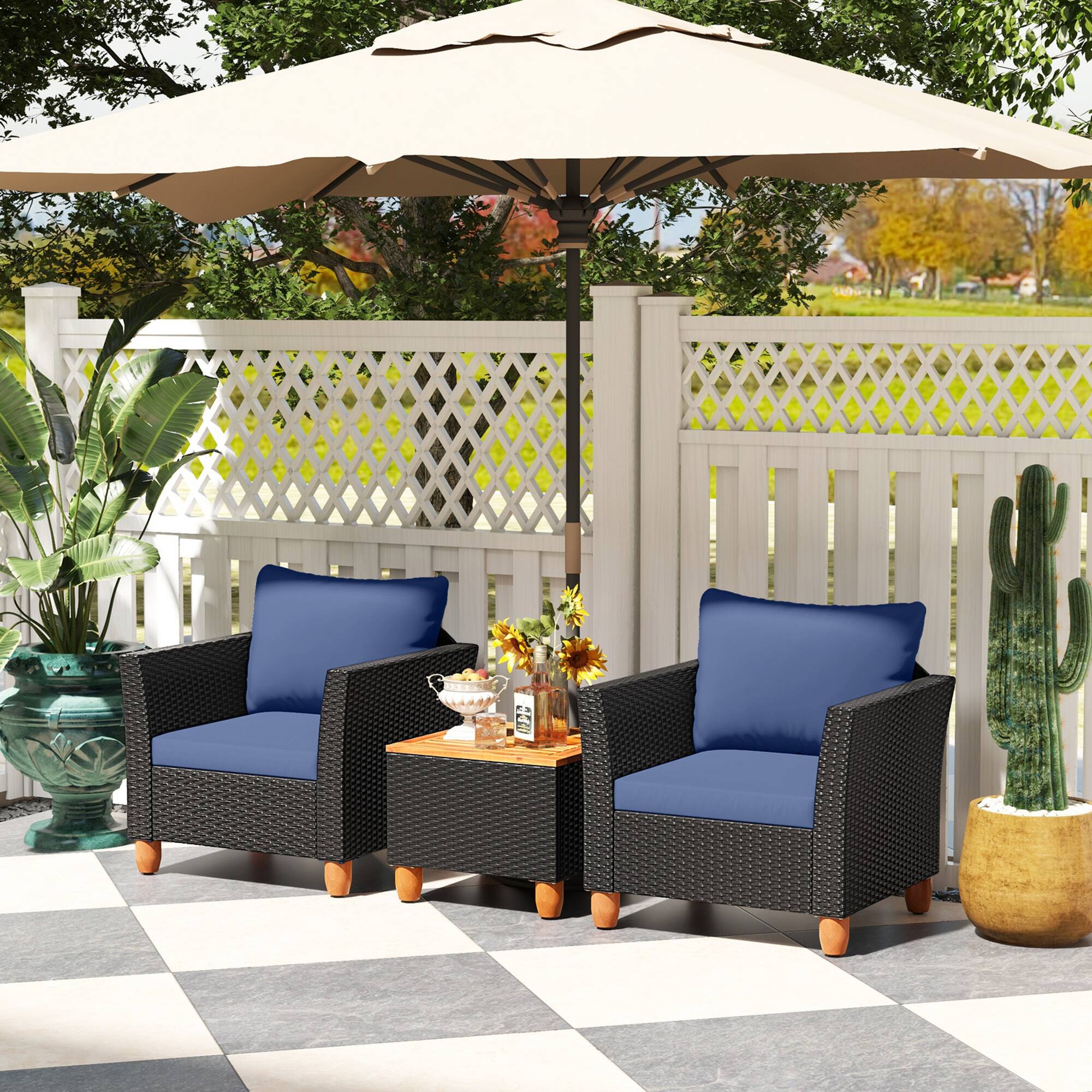 Alt View 5. Costway - Costway 3PCS Patio Rattan Furniture Set Cushioned Sofa Storage Table Wood Top - Navy.