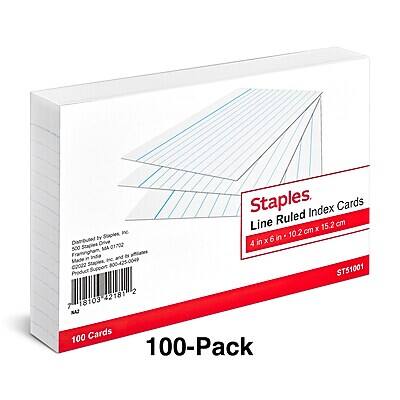 Staples  
Line Ruled Index Cards  
4 in x 6 in / 10.2 cm x 15.2 cm  
100 Cards  
100-Pack  
ST51001  

Staples Product Support  
1-800-425-0049  

MA01202  
MA Framingham, MA  

Staples Drive  
500 Staples Drive  
Framingham, MA 01701  

©2003 Staples, Inc.  
All rights reserved.