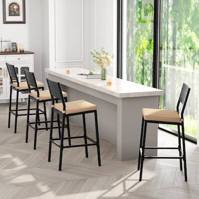 Alt View 4. Crestlive Products - Crestlive Products Set 2 Black Metal Frame Stationary Bar Stool Chair with Seat Cushion - Beige-2PC.