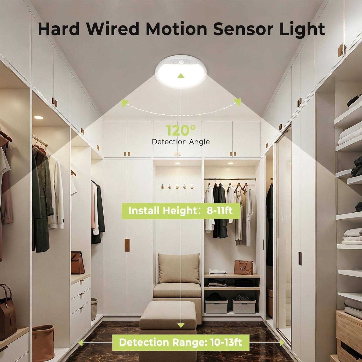 Hard Wired Motion Sensor Light

120° Detection Angle

Install Height: 8-11ft

Detection Range: 10-13ft