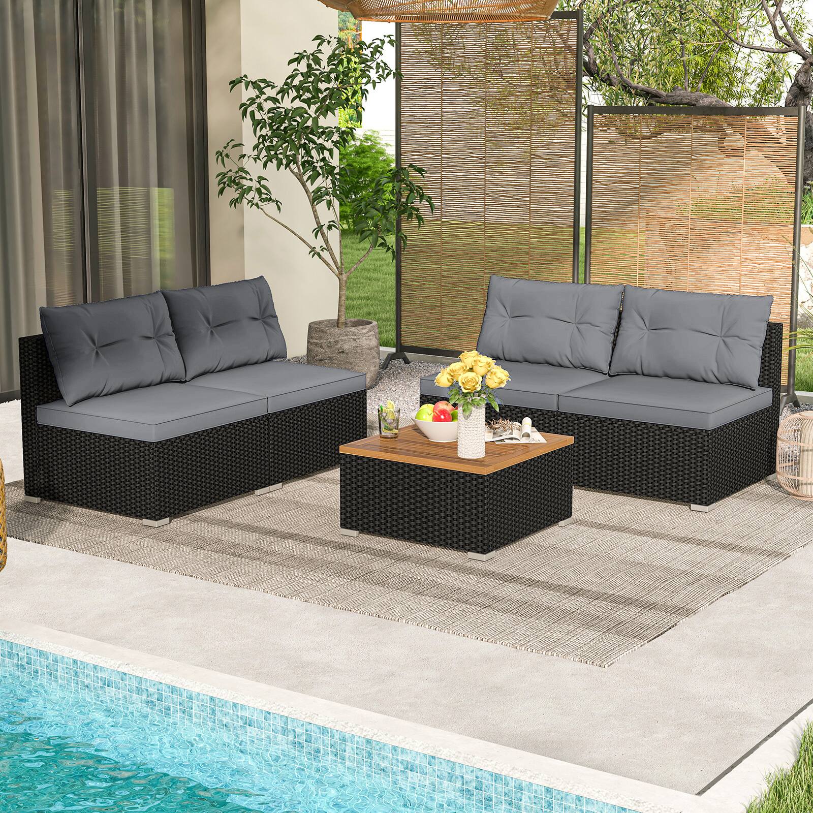 Alt View 3. Gymax - Gymax Set Of 5 Outdoor Furniture Set w/ Seat & Back Cushions Acacia Wood Tabletop - Gray, Black.