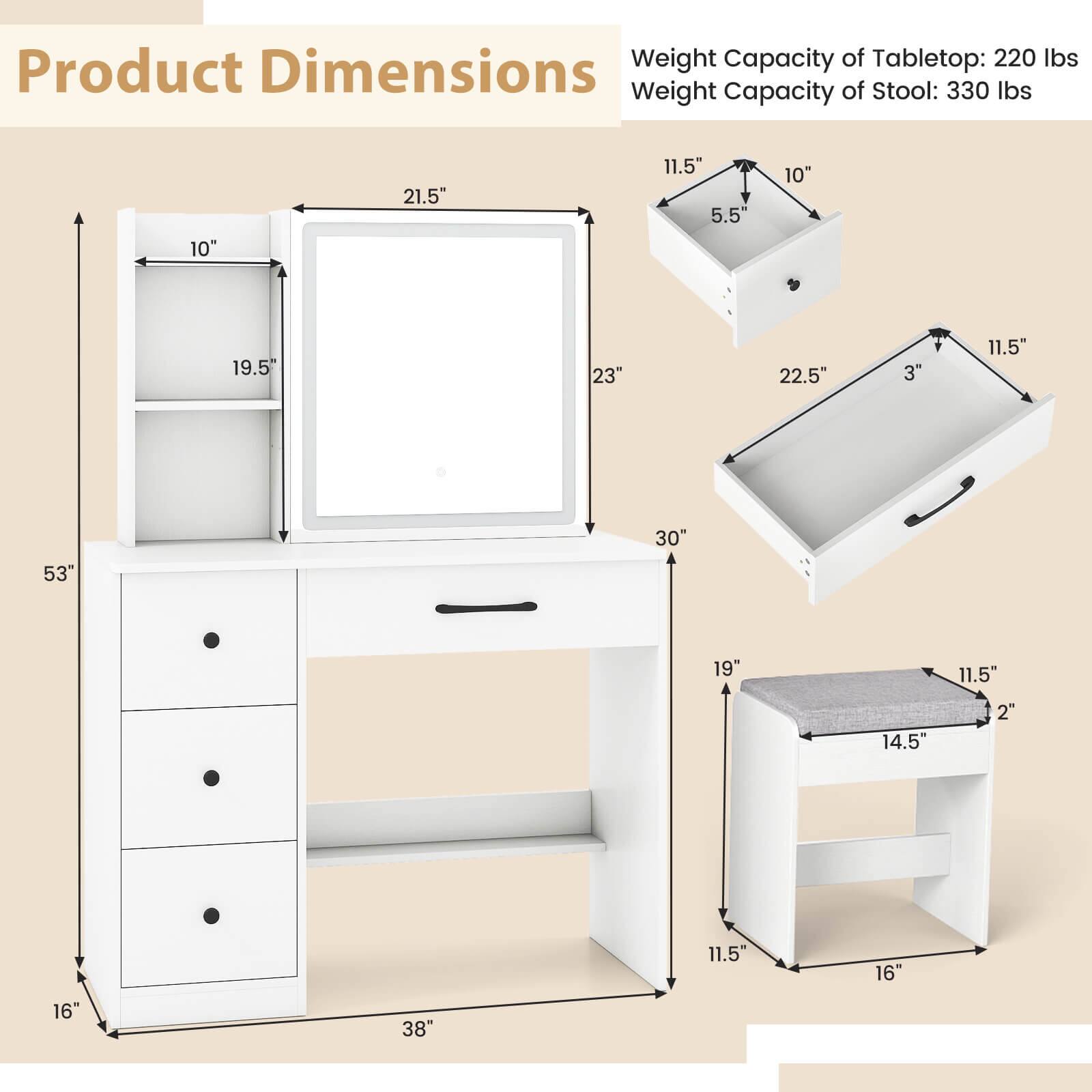 Weight Capacity of Tabletop: 220 lbs  
Weight Capacity of Stool: 330 lbs  

Product Dimensions:  
- 10" x 21.5" x 11.5"  
- 5.5"  
- 10" x 19.5" x 23"  
- 22.5" x 3"  
- 11.5" x 53" x 30"  
- 19" x 11.5" x 14.5"  
- 2"  
- 11.5" x 16" x 16"  
- 38"