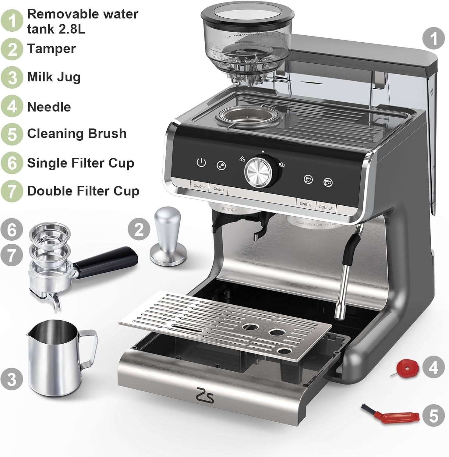 1. Removable water tank 2.8L  
2. Tamper  
3. Milk Jug  
4. Needle  
5. Cleaning Brush  
6. Single Filter Cup  
7. Double Filter Cup  

- CHCFF GPIND GRINDER SINGLE DOUBLE  
- 6 7 2 Sne Cad GROUP 3 25 4 5