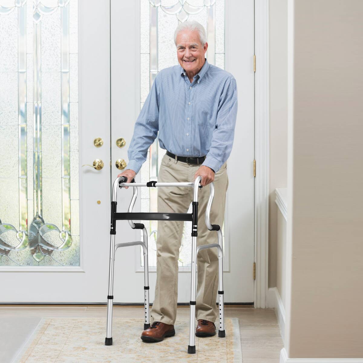 Alt View 1. Costway - Costway One-button Folding Walker Aluminum Walking Frame w/ Adjustable Height - Silver.