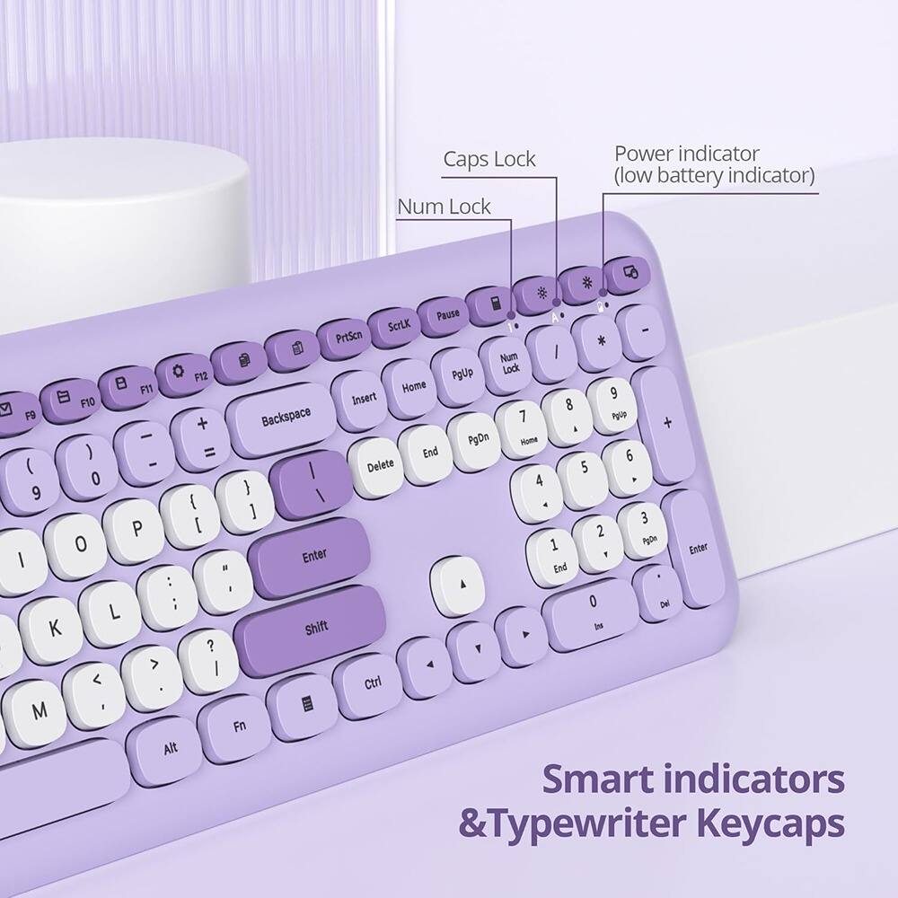 Caps Lock  
Num Lock  
Power indicator (low battery indicator)  

Smart indicators & Typewriter Keycaps
